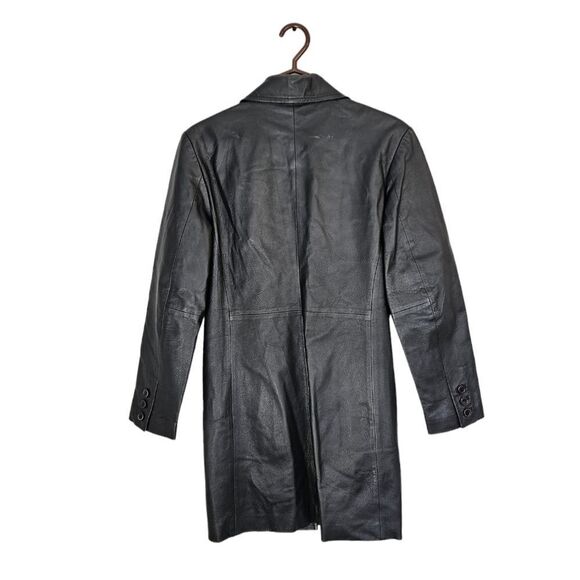 Vintage Black Leather Long Line Midi Length Button Front Duster Jacket Coat S - Picture 5 of 13